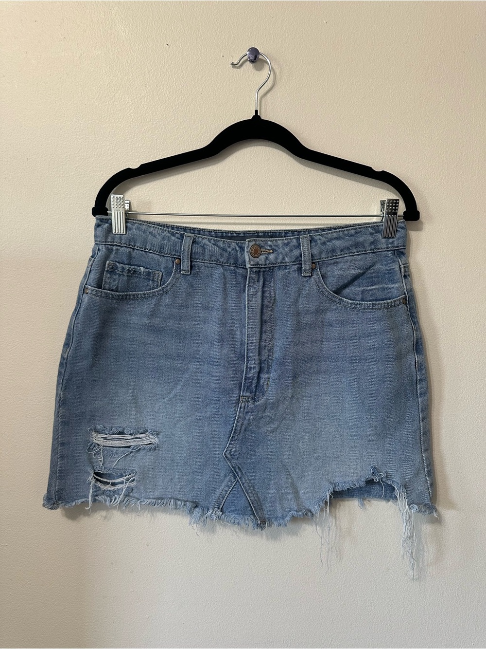 Indigo Rising Light Wash Distressed Denim Mini Skirt
